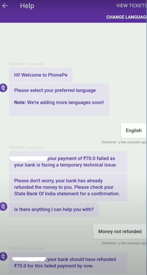 money not refunded by phonepe