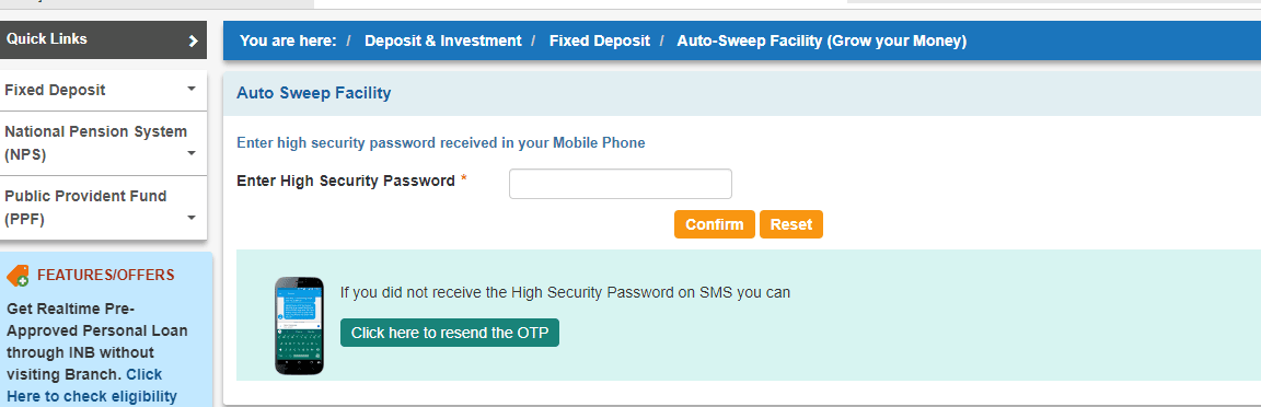 otp to Activate SBI Auto Sweep Facility Online