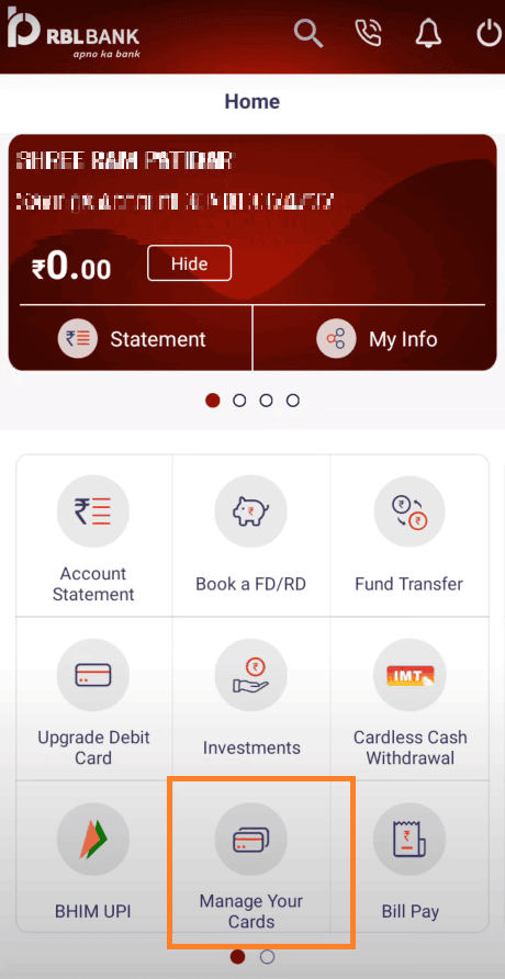 manage your cards in rbl mobank app
