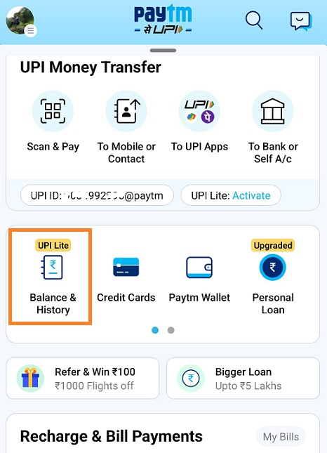 balance and history in paytm