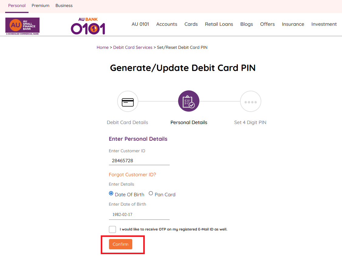 enter personal details for debit card pin au bank