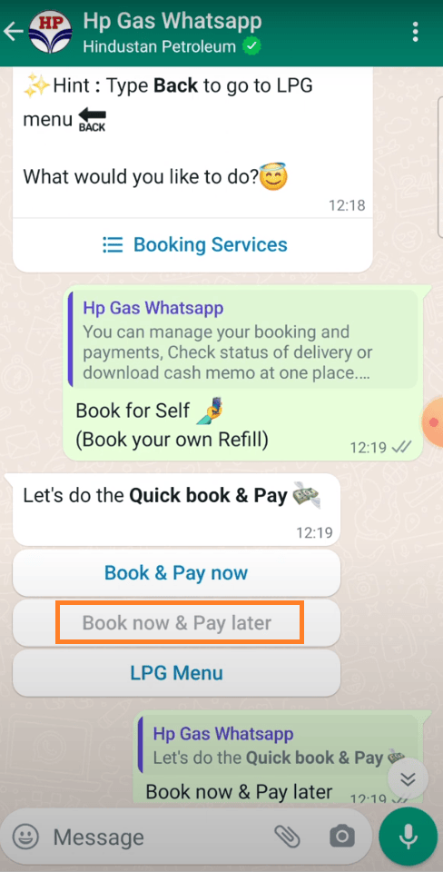 book now pay later hp gas whatsapp