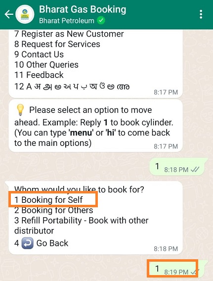 booking for self bharat gas whatsapp