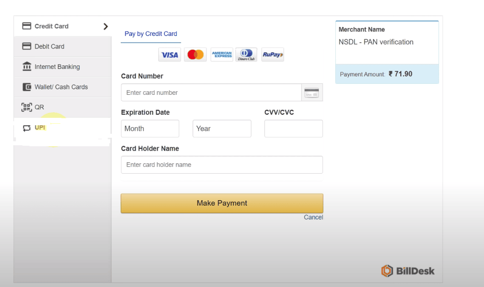 payment for pan card correction