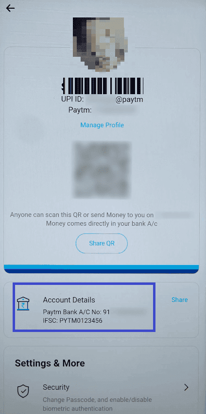  paytm account number and ifsc code