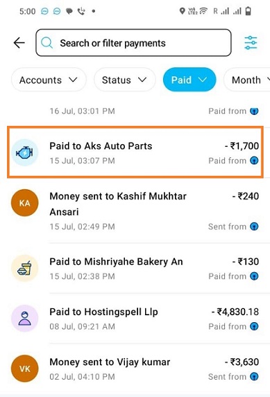 select transactions in paytm