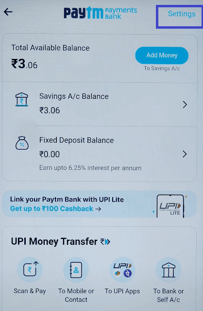  setting paytm payments bank