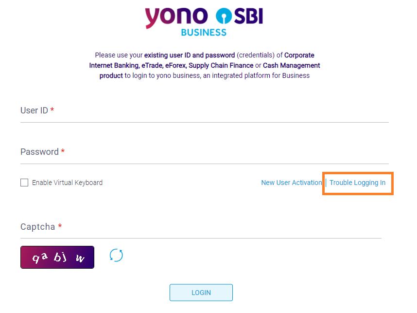 trouble logging yono business sbi