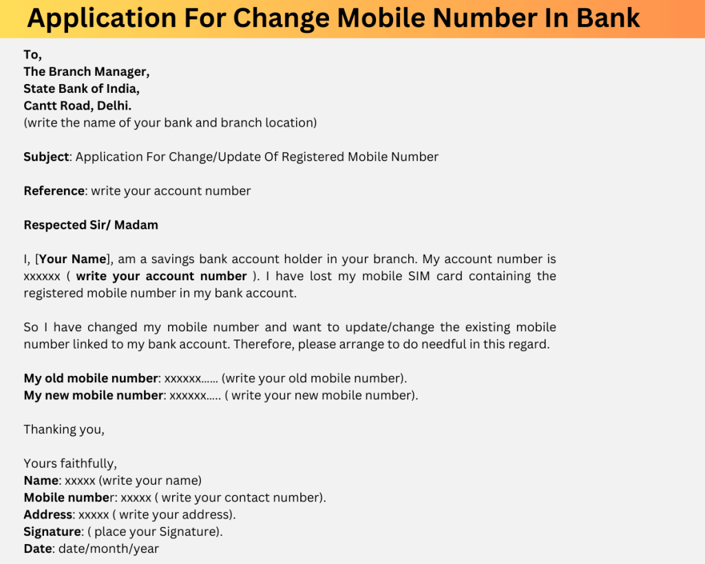 How To Write Application For Change Mobile Number in Bank