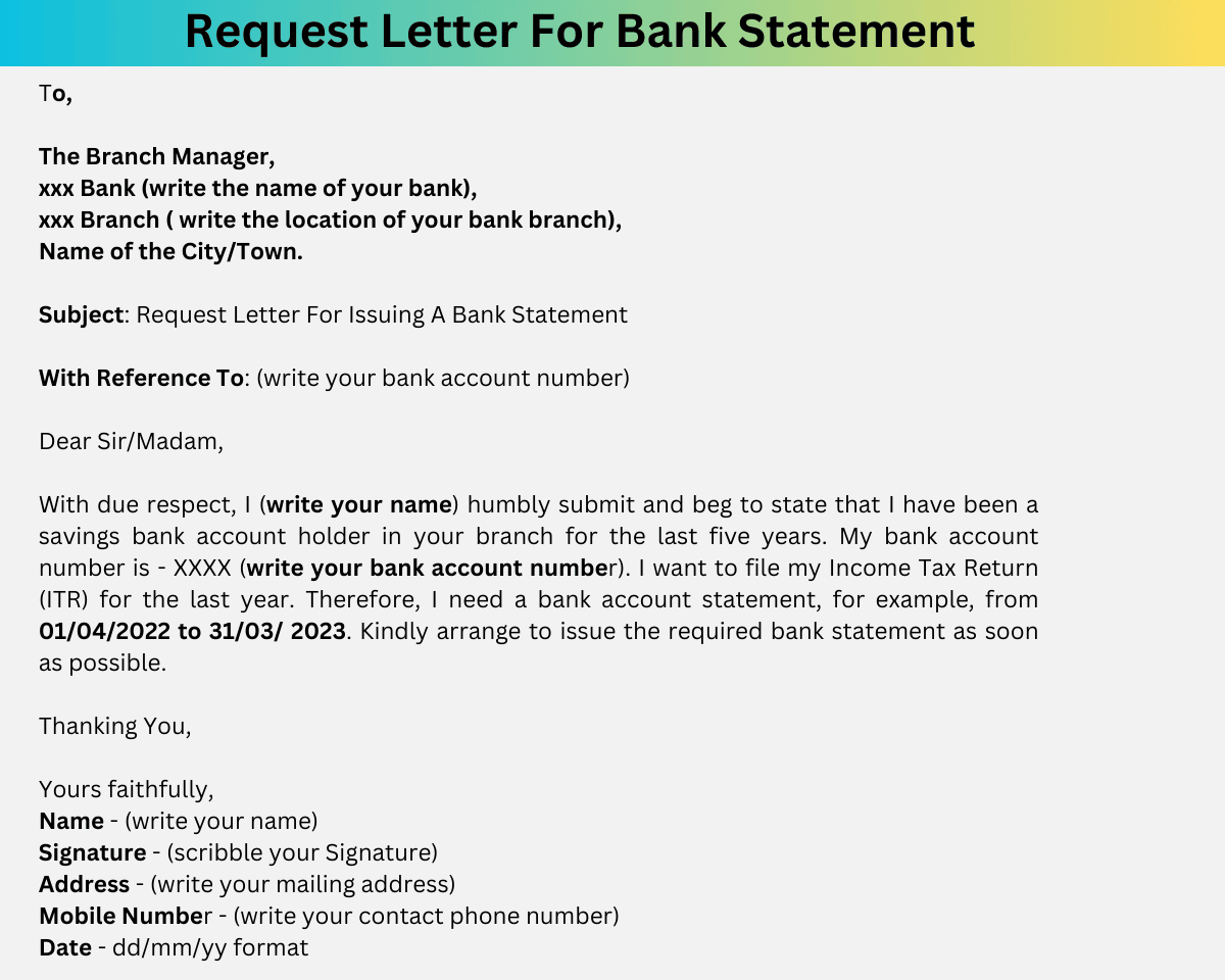 Request Letter For Bank Statement format