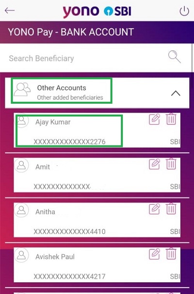 transfer money to other accounts yono sbi