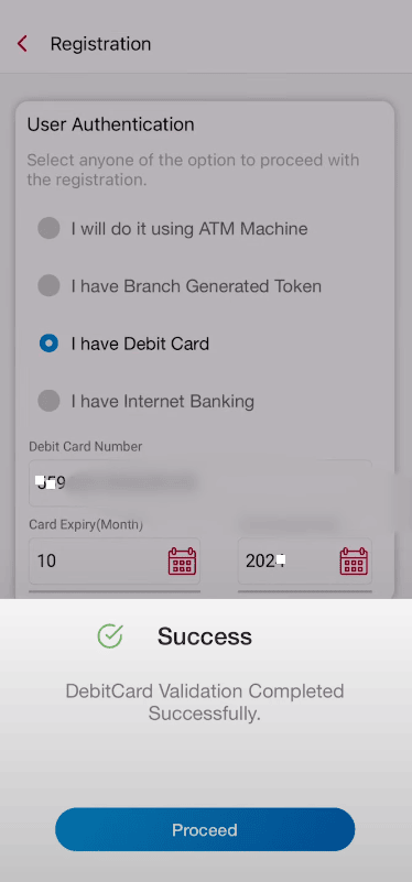 cent mobile user authentication using debit card