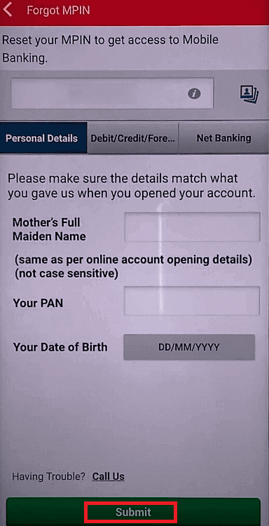 enter personal details to reset Forgot MPIN Kotak Mahindra Bank 