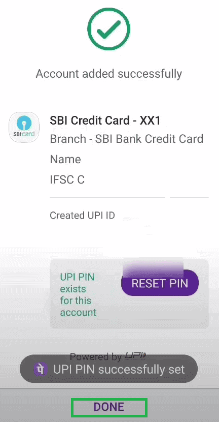 upi pin is created for credit card in phonepe