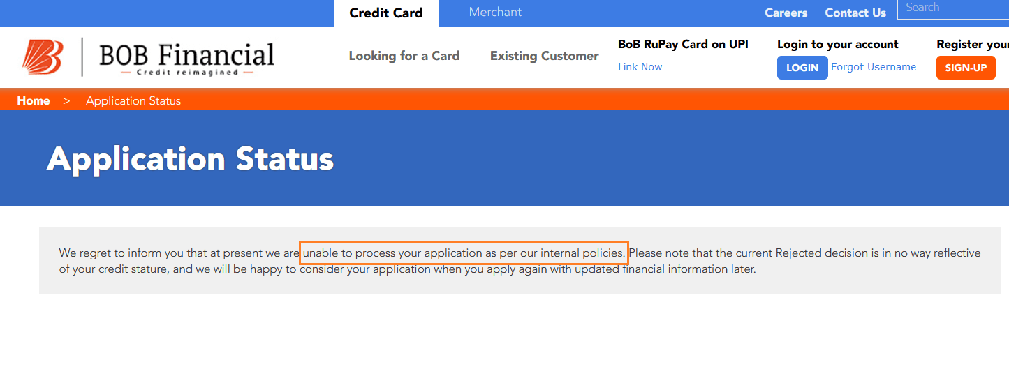 BOB Credit Card application rejected