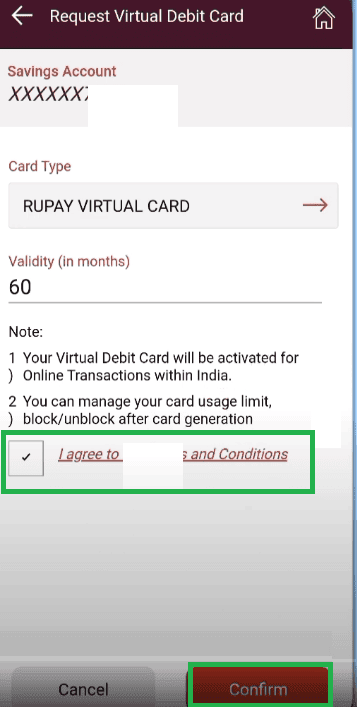 confirm request virtual debit card