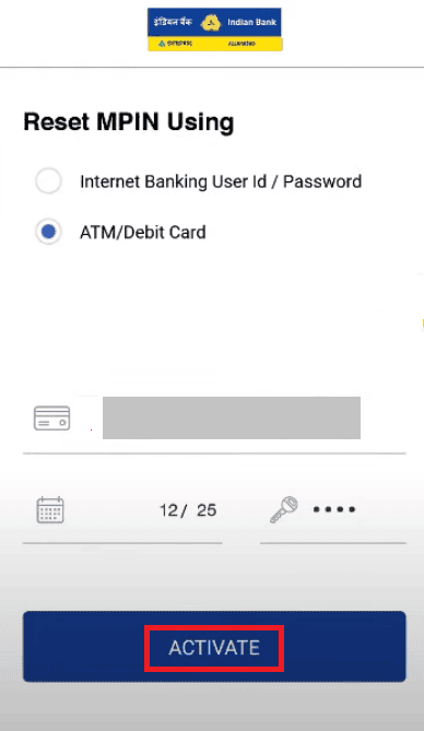 reset Indian bank mpin using debit card