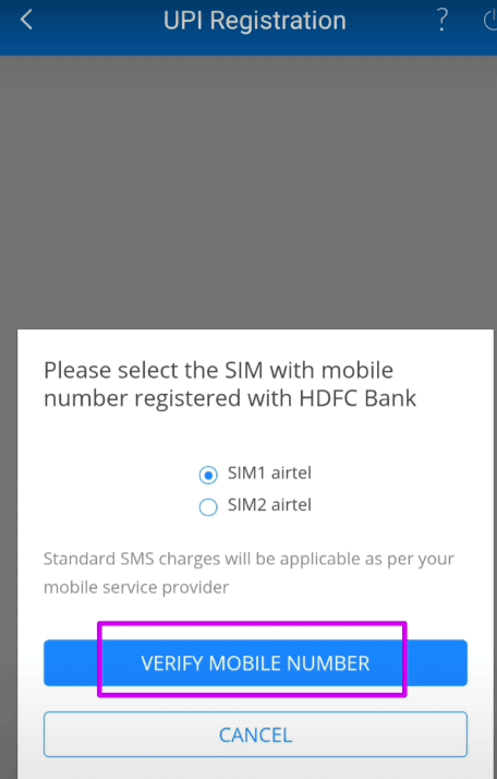 select sim for upi registration hdfc bank app