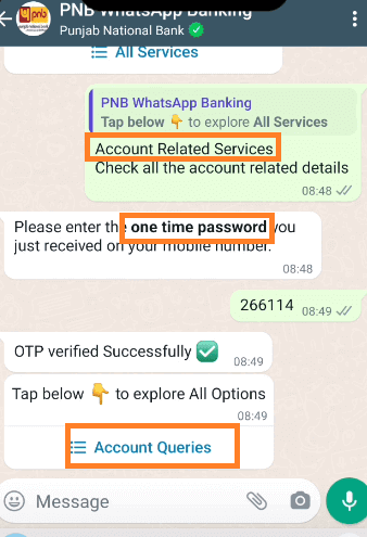 account related services pnb whatsapp