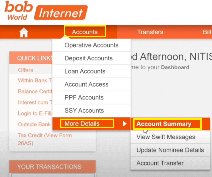 account summary bob net banking