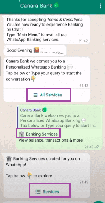 banking services canara bank whatsapp