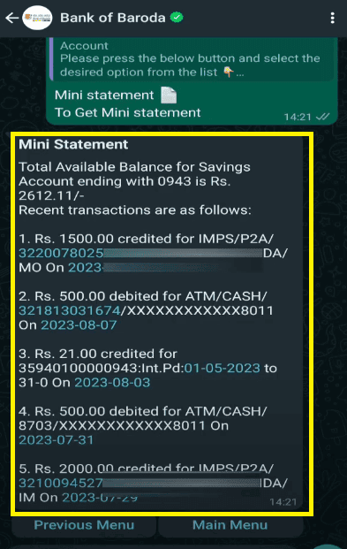 bob last 5 transaction whatsapp