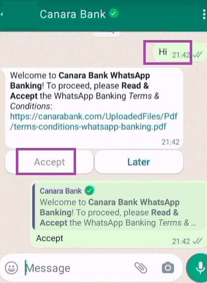 hi canara bank whatsapp