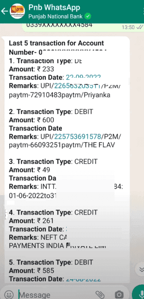 pnb last 5 transaction details whatsapp