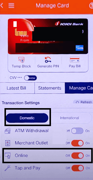 enable domestic online transactions in icici credit card 
