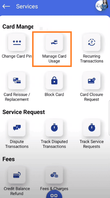 manage card usage sbi card app